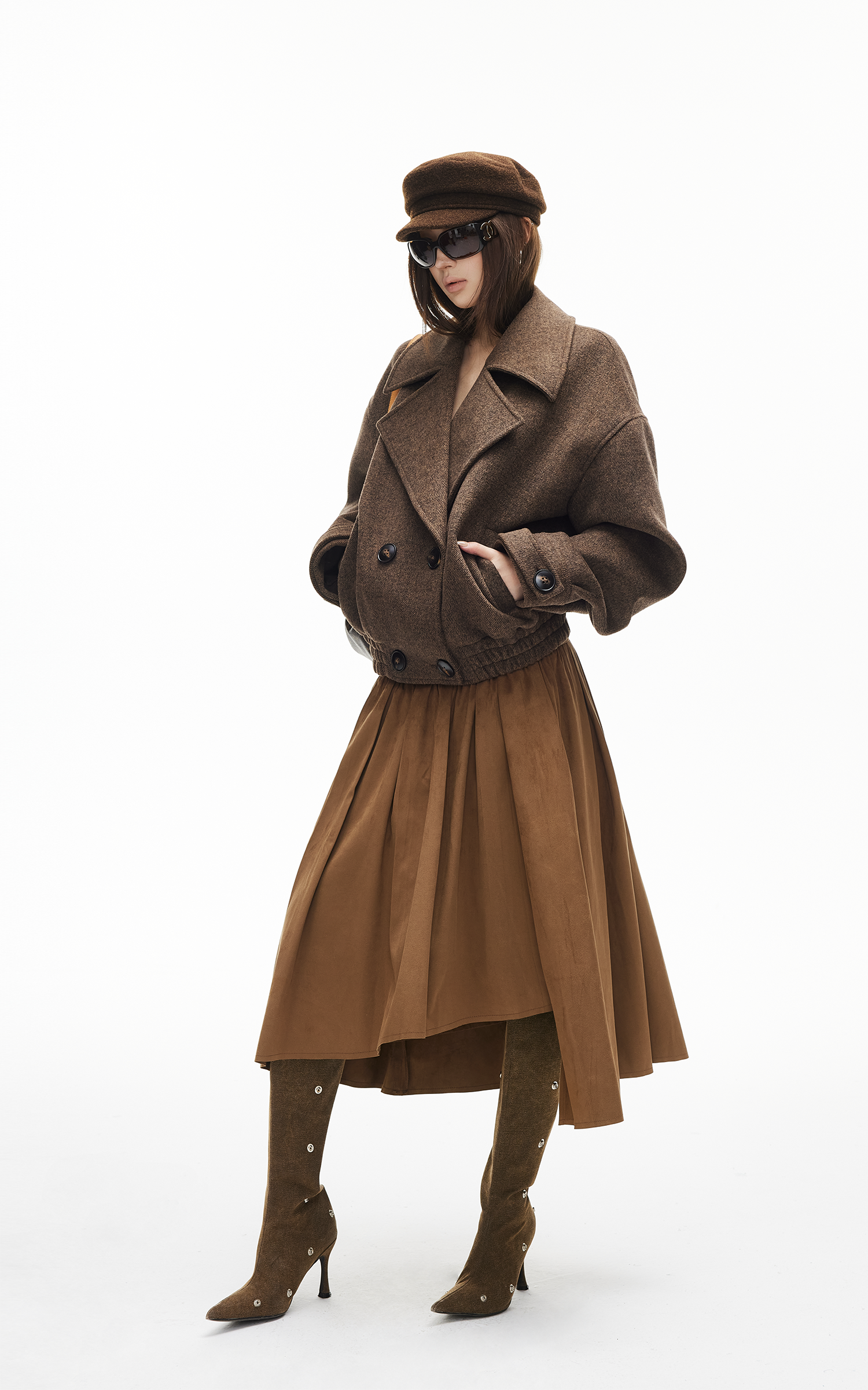 IAMXIAA Wool-Like Double-Breasted Cropped Jacket Women Short Lapel Coat