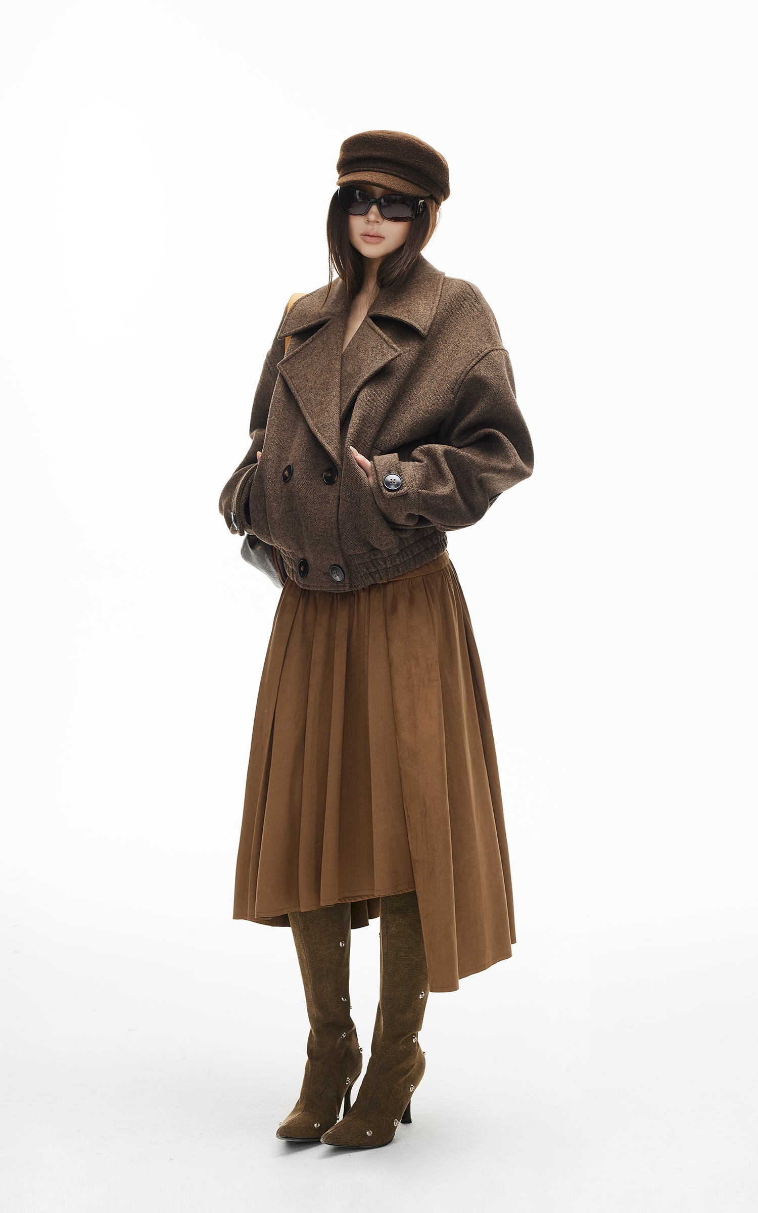 IAMXIAA Wool-Like Double-Breasted Cropped Jacket Women Short Lapel Coat
