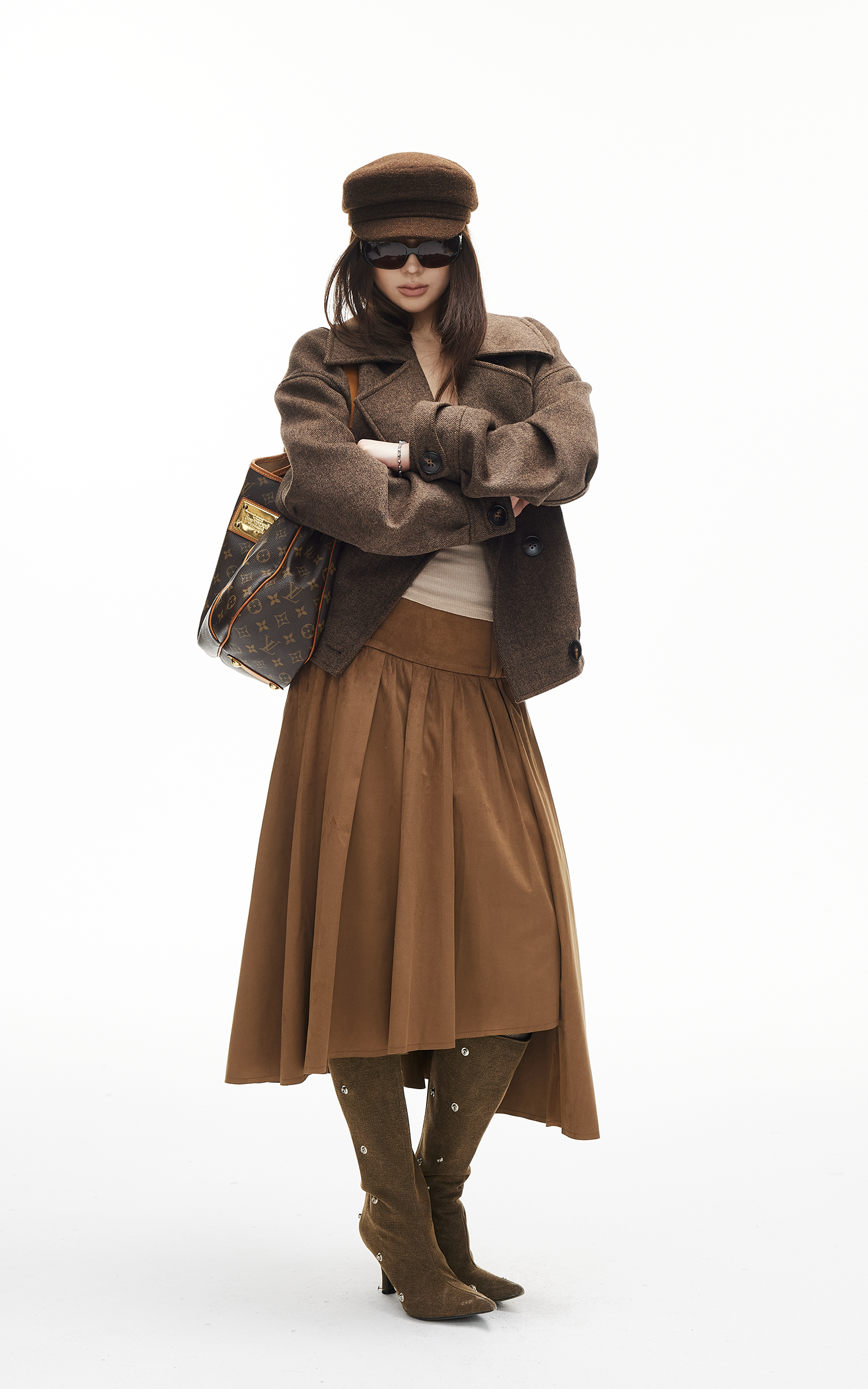 IAMXIAA Wool-Like Double-Breasted Cropped Jacket Women Short Lapel Coat