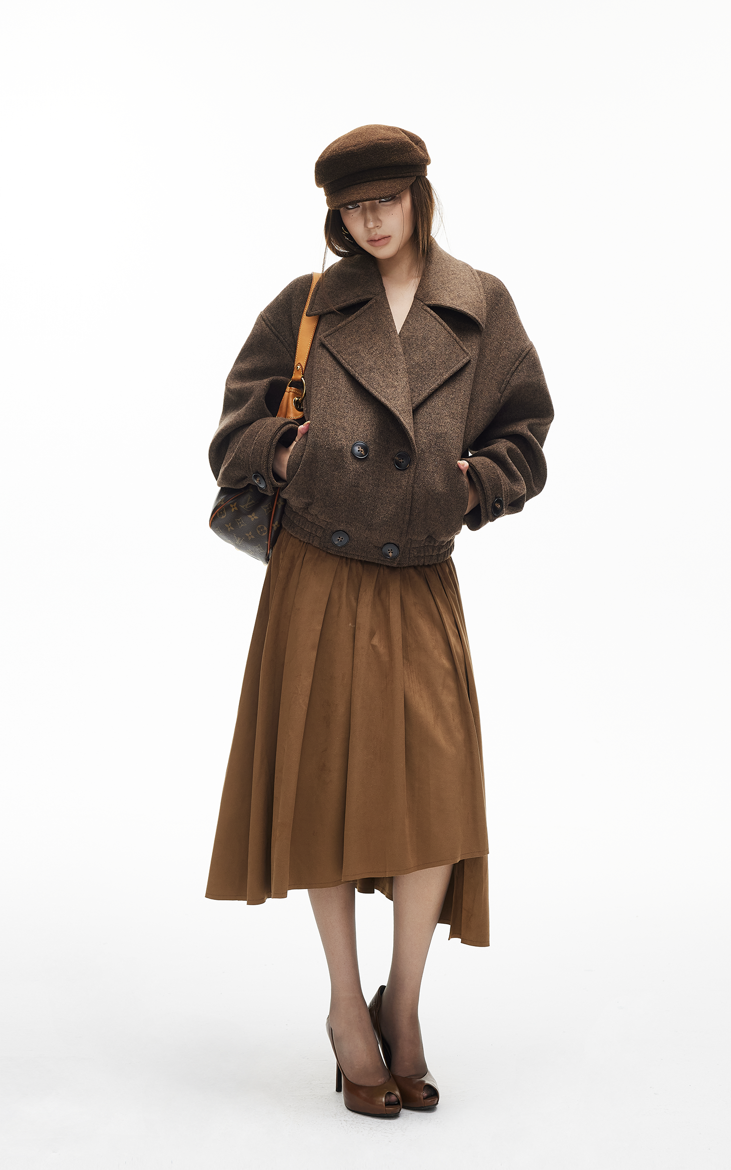 IAMXIAA Wool-Like Double-Breasted Cropped Jacket Women Short Lapel Coat
