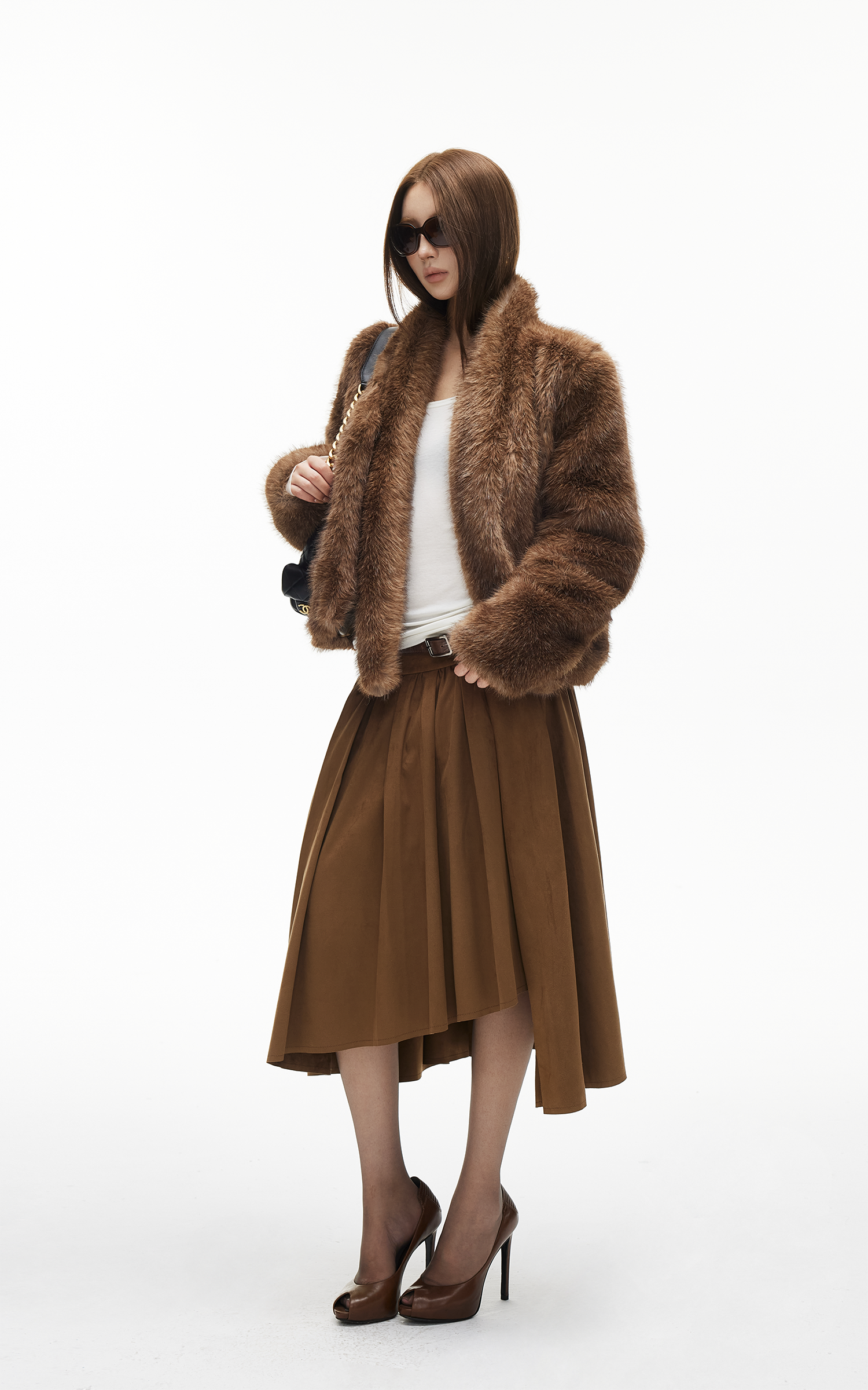 IAMXIAA Faux Fur Short Jacket with Attached Scarf Women Winter Plush Coat