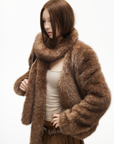 IAMXIAA Faux Fur Short Jacket with Attached Scarf Women Winter Plush Coat