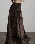 DOINDULGE Textured Tiered Maxi Skirt with Embroidery & Smocked Waist