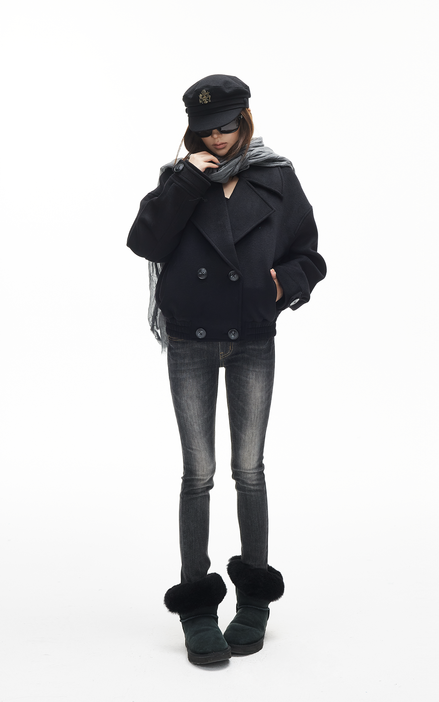 IAMXIAA Double-Breasted Cropped Wool-Like Jacket Women Short Lapel Coat