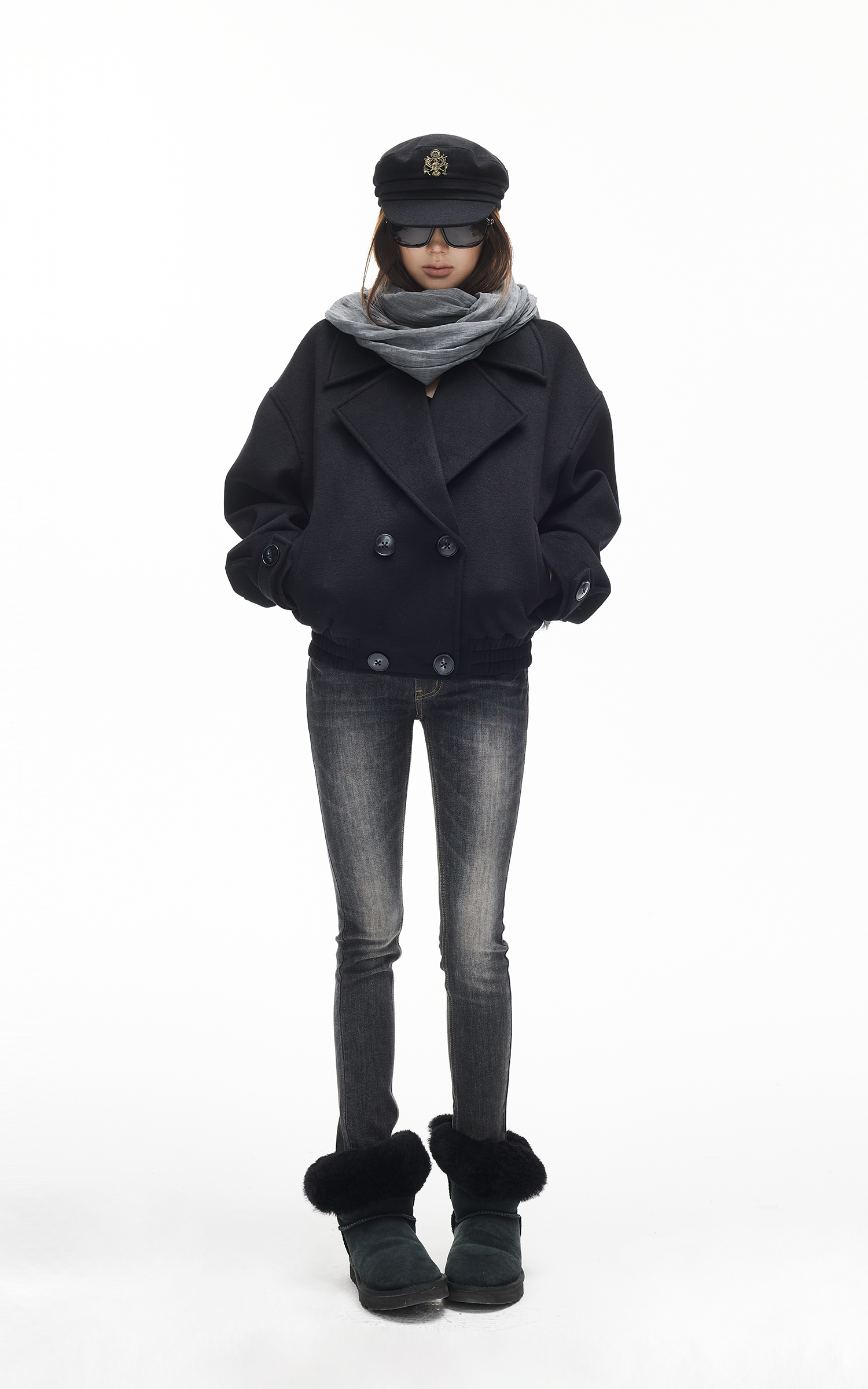 IAMXIAA Double-Breasted Cropped Wool-Like Jacket Women Short Lapel Coat