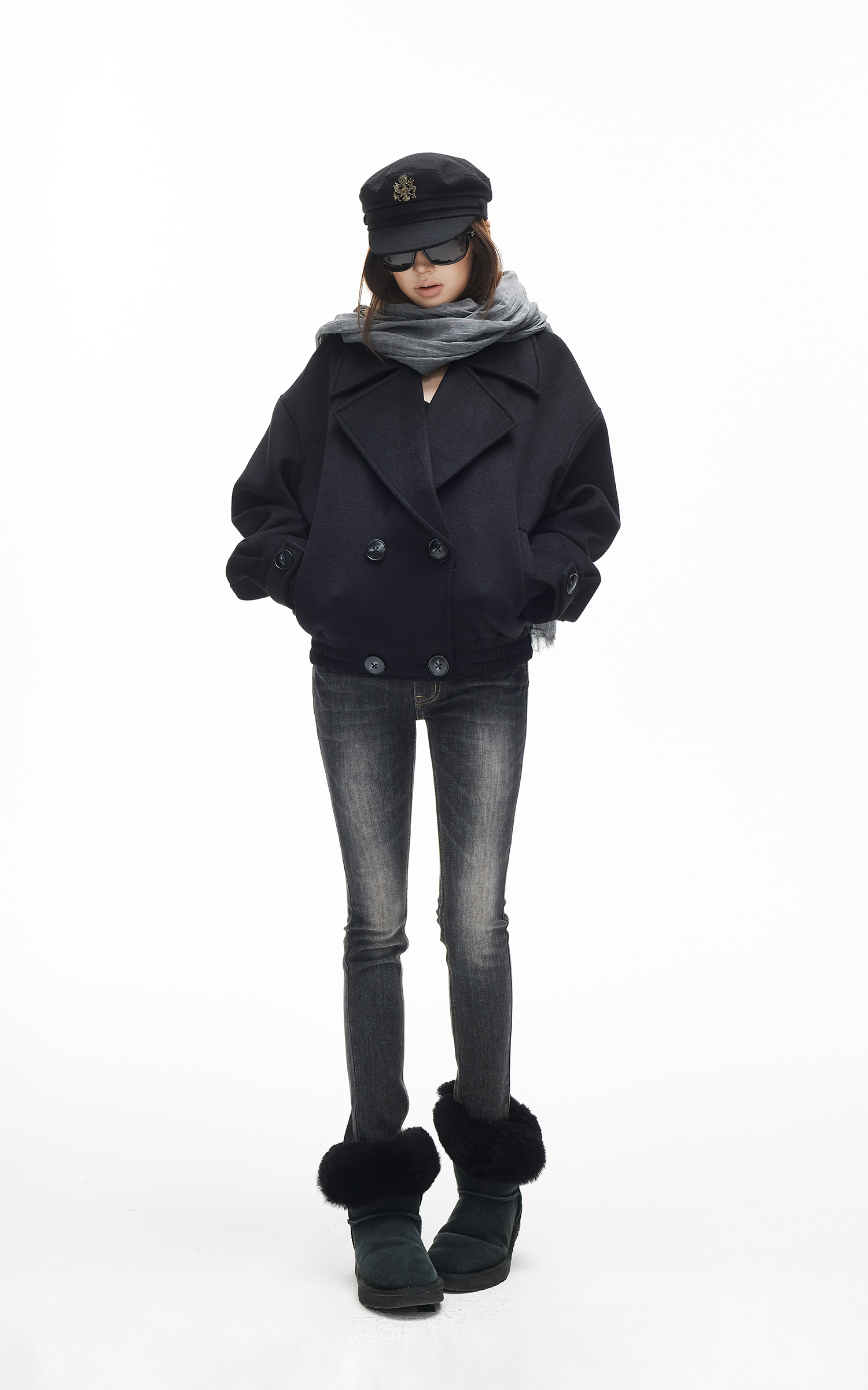 IAMXIAA Double-Breasted Cropped Wool-Like Jacket Women Short Lapel Coat