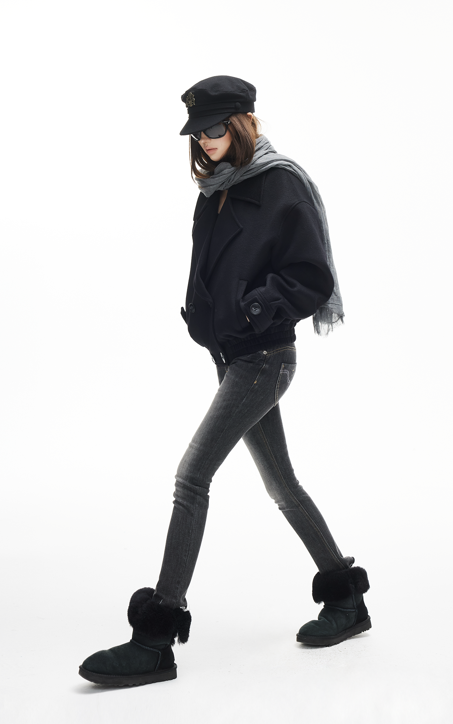 IAMXIAA Double-Breasted Cropped Wool-Like Jacket Women Short Lapel Coat