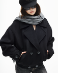 IAMXIAA Double-Breasted Cropped Wool-Like Jacket Women Short Lapel Coat