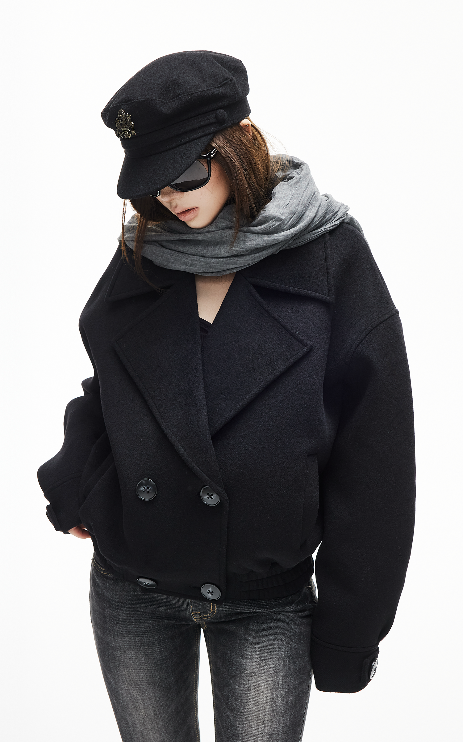 IAMXIAA Double-Breasted Cropped Wool-Like Jacket Women Short Lapel Coat