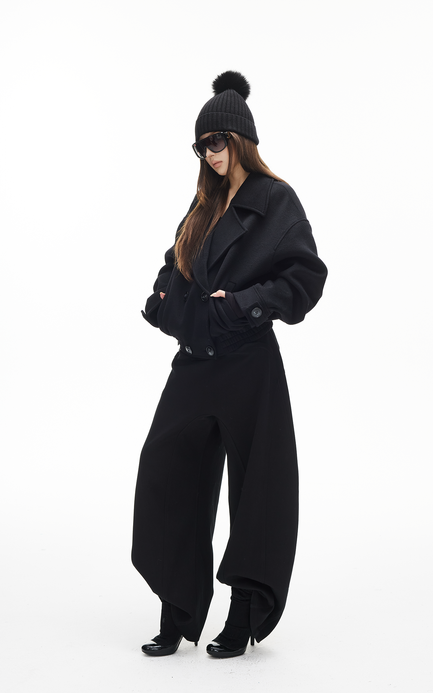 IAMXIAA Double-Breasted Cropped Wool-Like Jacket Women Short Lapel Coat