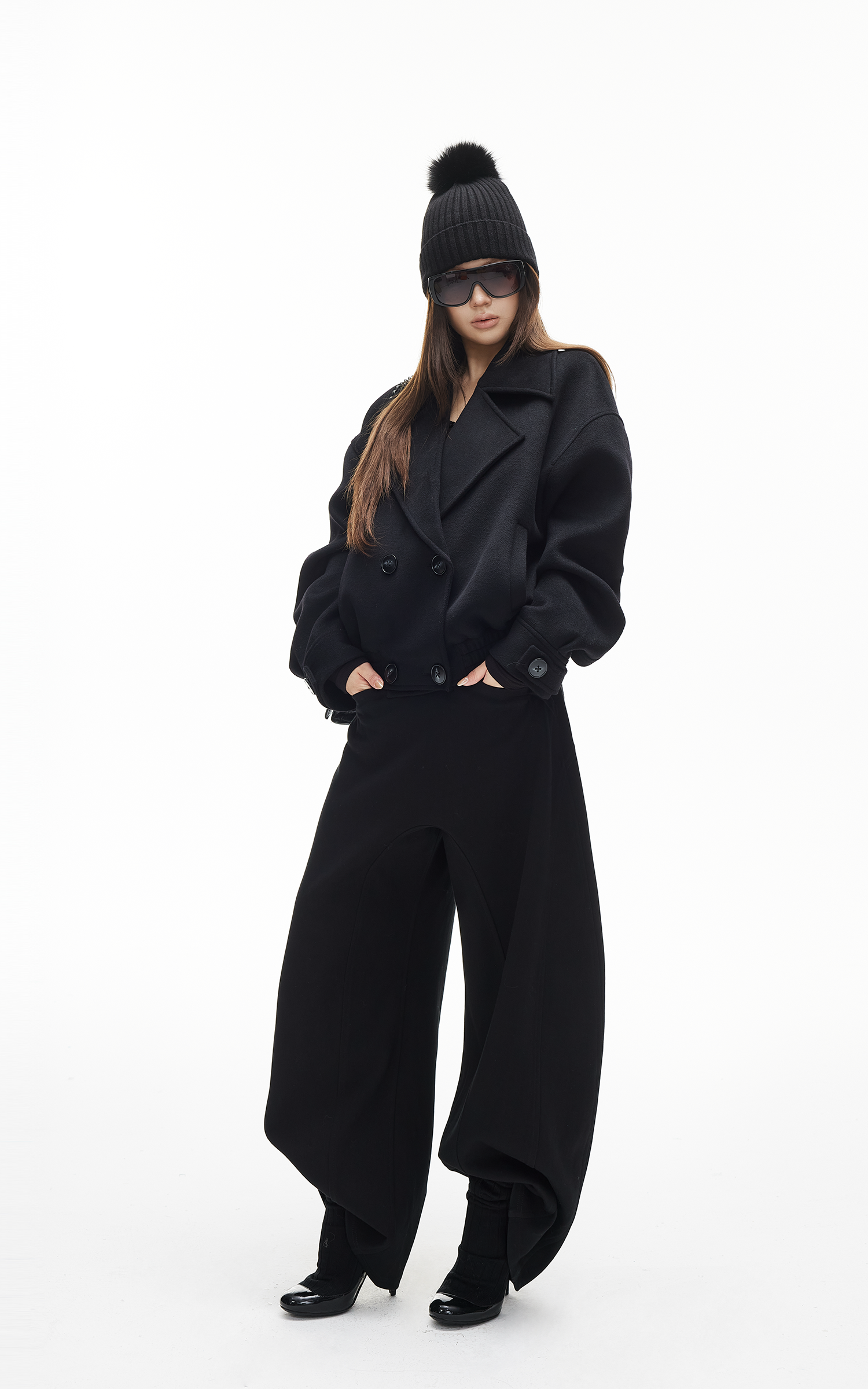 IAMXIAA Double-Breasted Cropped Wool-Like Jacket Women Short Lapel Coat