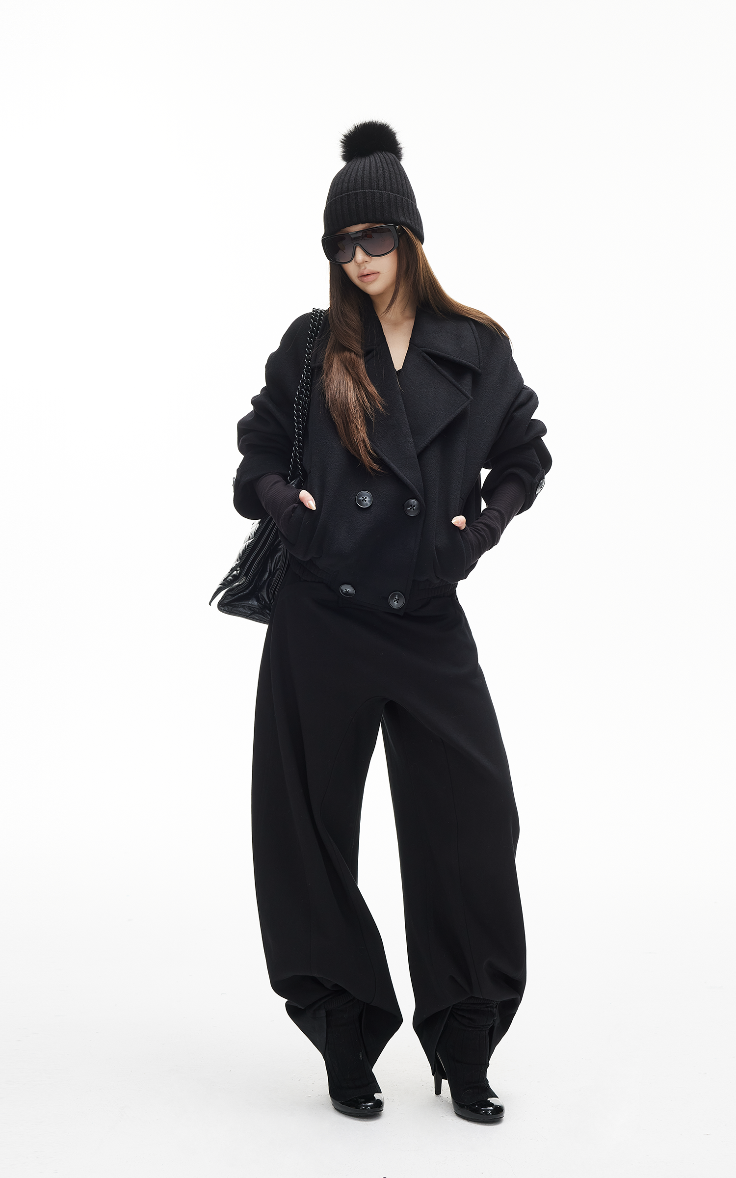 IAMXIAA Double-Breasted Cropped Wool-Like Jacket Women Short Lapel Coat