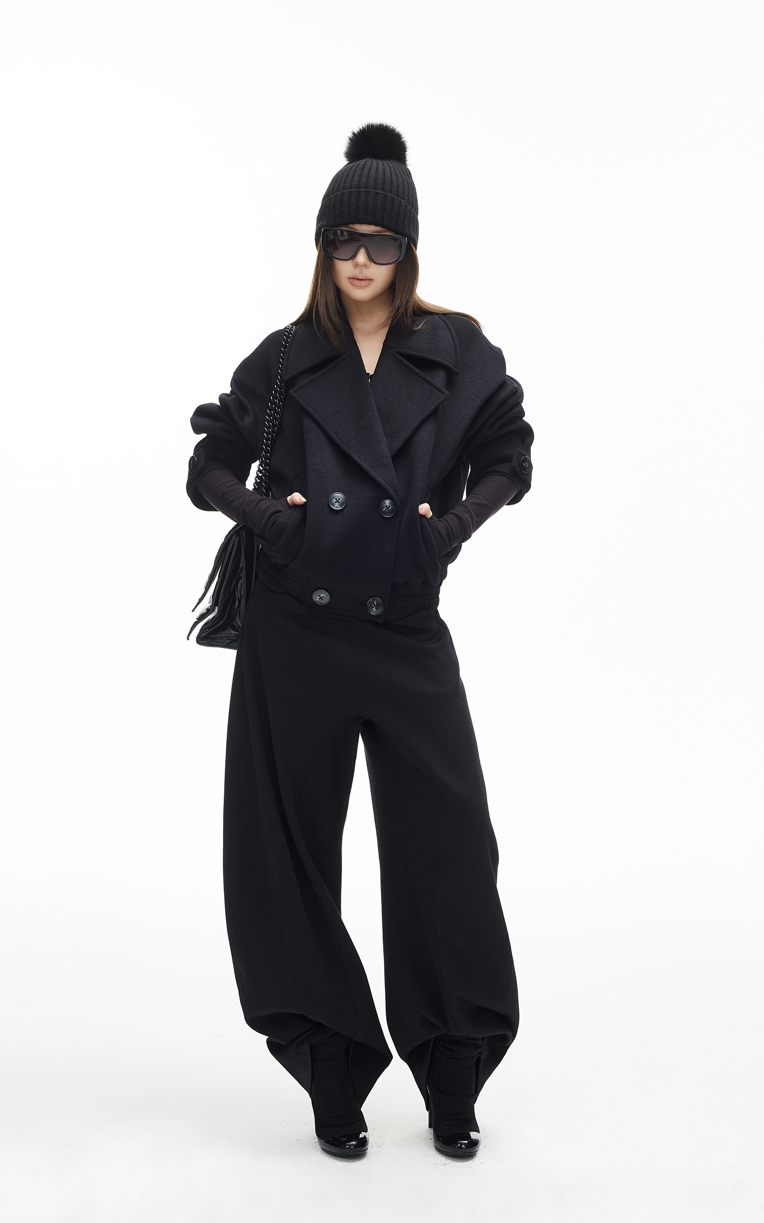 IAMXIAA Double-Breasted Cropped Wool-Like Jacket Women Short Lapel Coat