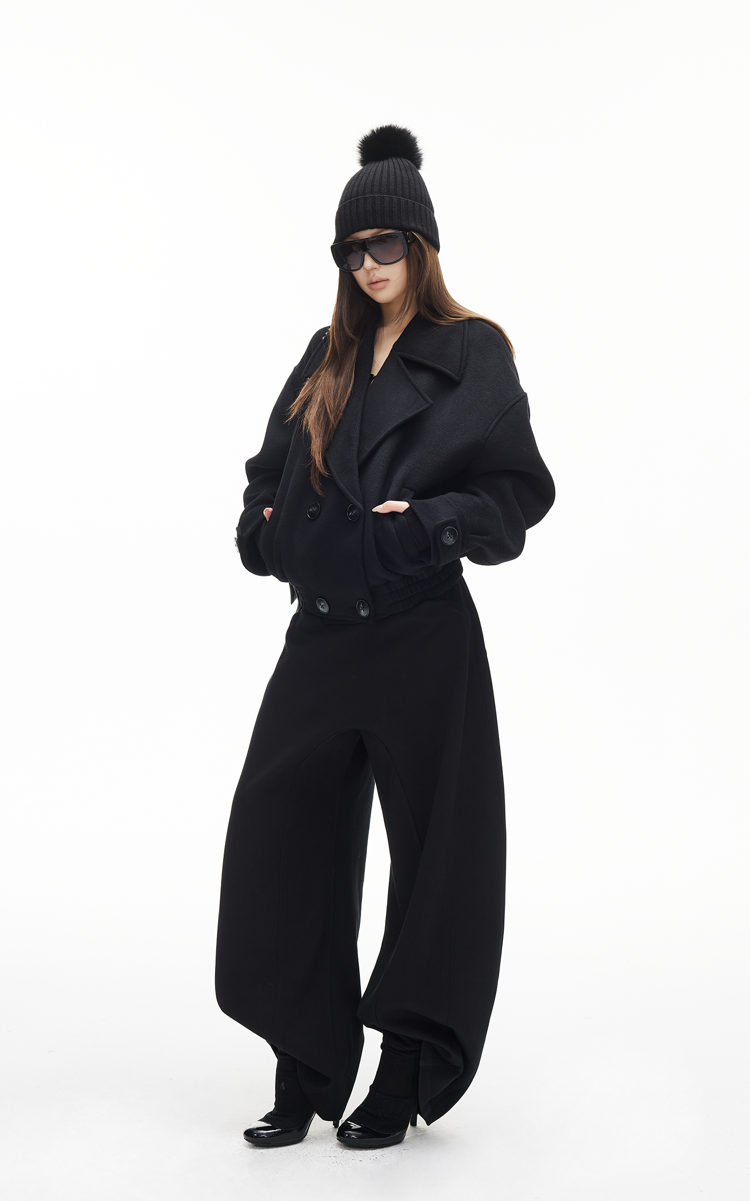 IAMXIAA Double-Breasted Cropped Wool-Like Jacket Women Short Lapel Coat