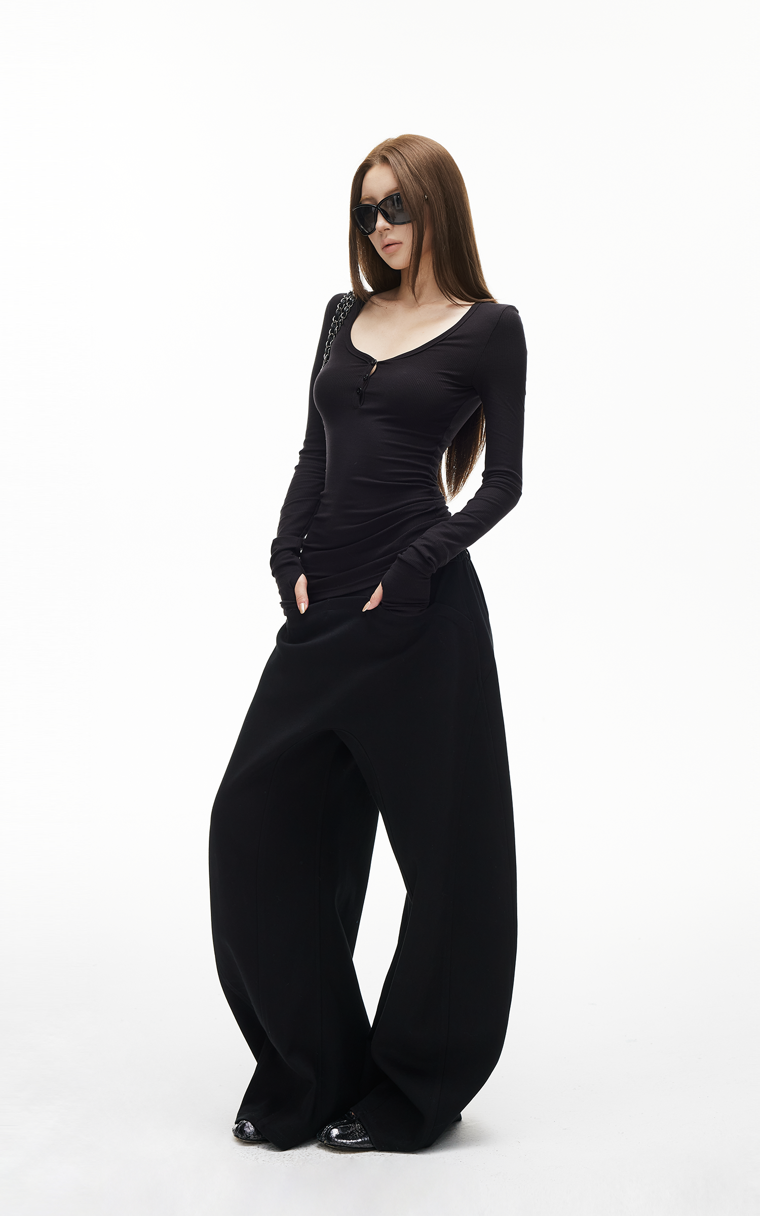 IAMXIAA Slim Fit Ribbed Henley Top with Scoop Neck and Button Detail