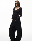IAMXIAA Slim Fit Ribbed Henley Top with Scoop Neck and Button Detail