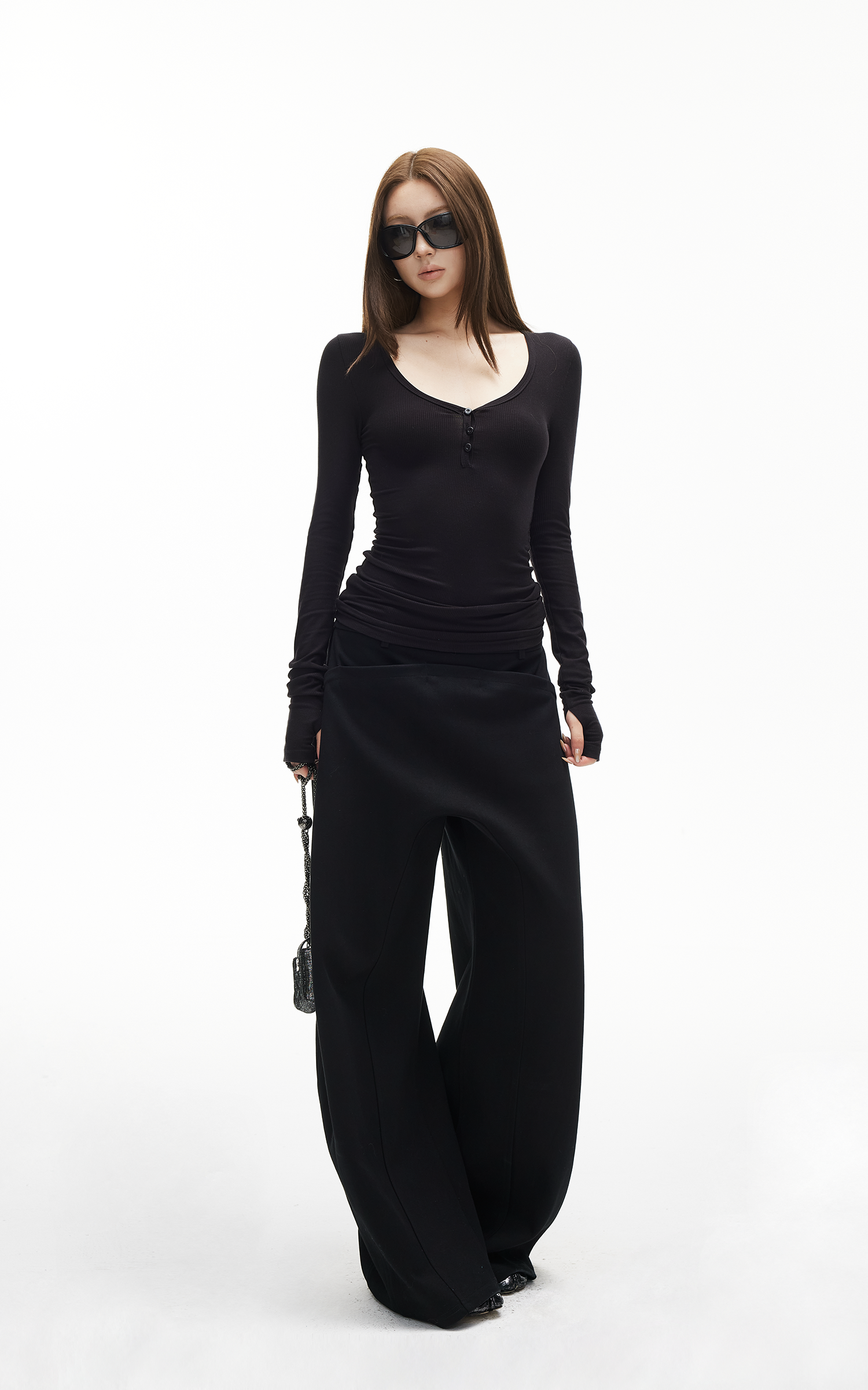 IAMXIAA Slim Fit Ribbed Henley Top with Scoop Neck and Button Detail