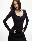 IAMXIAA Slim Fit Ribbed Henley Top with Scoop Neck and Button Detail