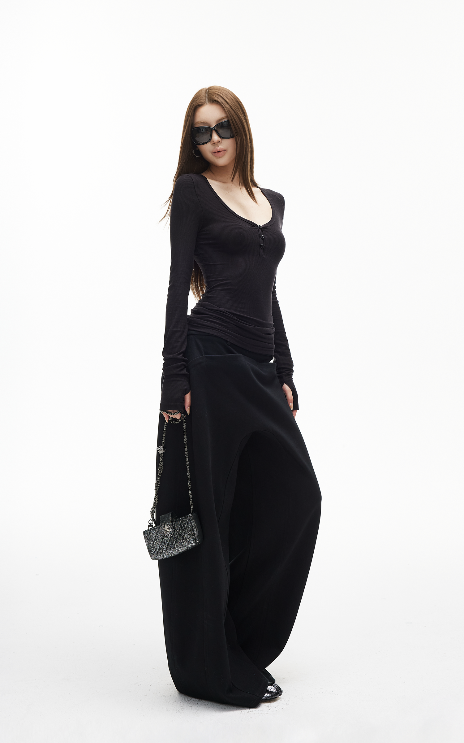 IAMXIAA Slim Fit Ribbed Henley Top with Scoop Neck and Button Detail