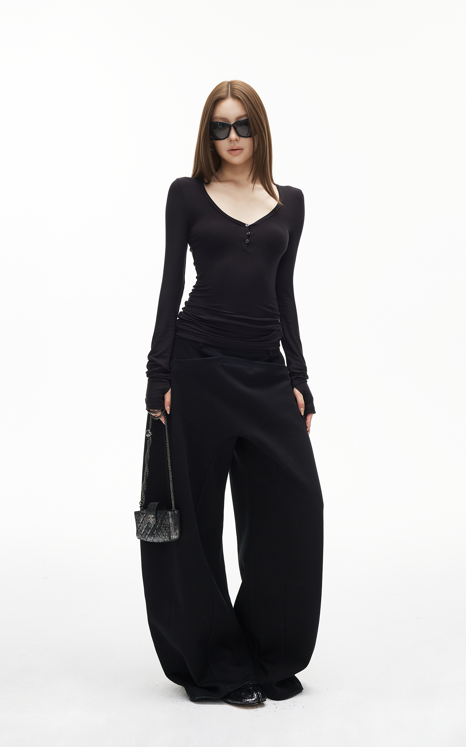 IAMXIAA Slim Fit Ribbed Henley Top with Scoop Neck and Button Detail