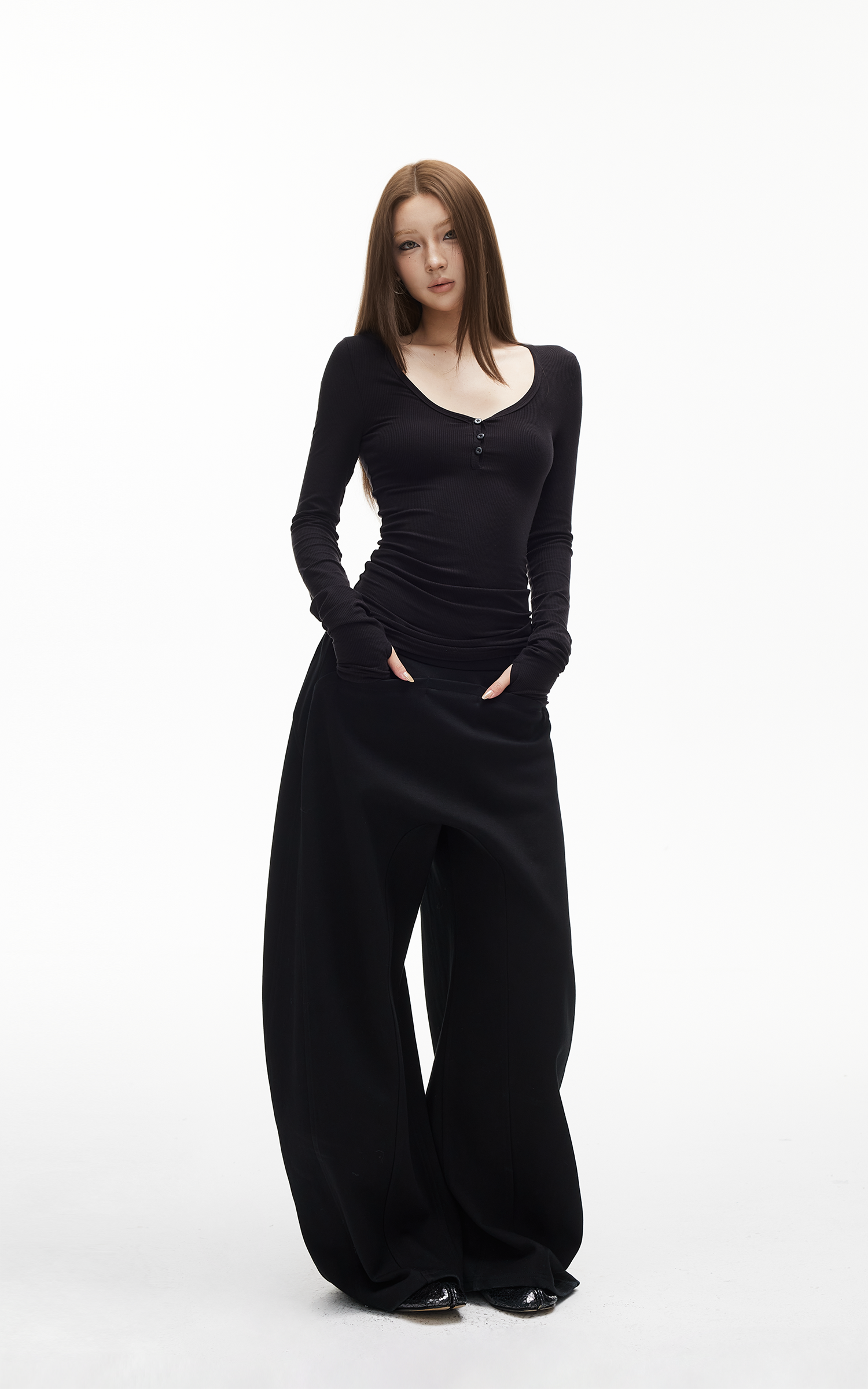 IAMXIAA Slim Fit Ribbed Henley Top with Scoop Neck and Button Detail