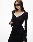 IAMXIAA Slim Fit Ribbed Henley Top with Scoop Neck and Button Detail