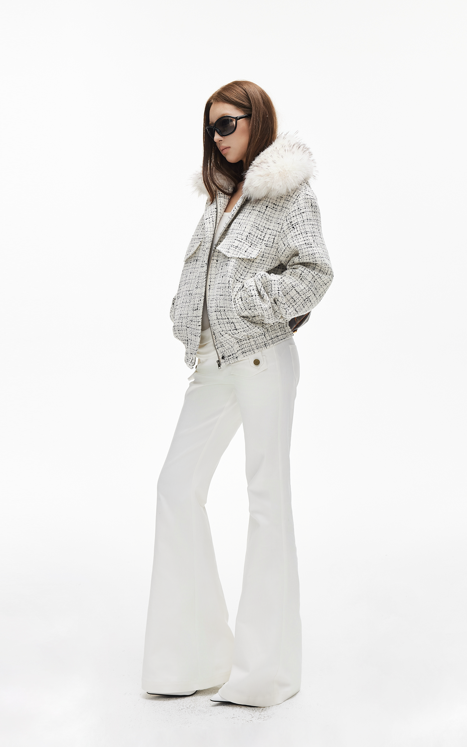 IAMXIAA Faux Fur Collar Tweed Short Jacket Women Winter Padded Cropped Outerwear