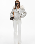 IAMXIAA Faux Fur Collar Tweed Short Jacket Women Winter Padded Cropped Outerwear