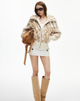 IAMXIAA Faux Fur Short Jacket with Buckle Collar and Ribbed Hem