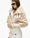 IAMXIAA Faux Fur Short Jacket with Buckle Collar and Ribbed Hem
