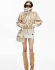 IAMXIAA Faux Fur Short Jacket with Buckle Collar and Ribbed Hem