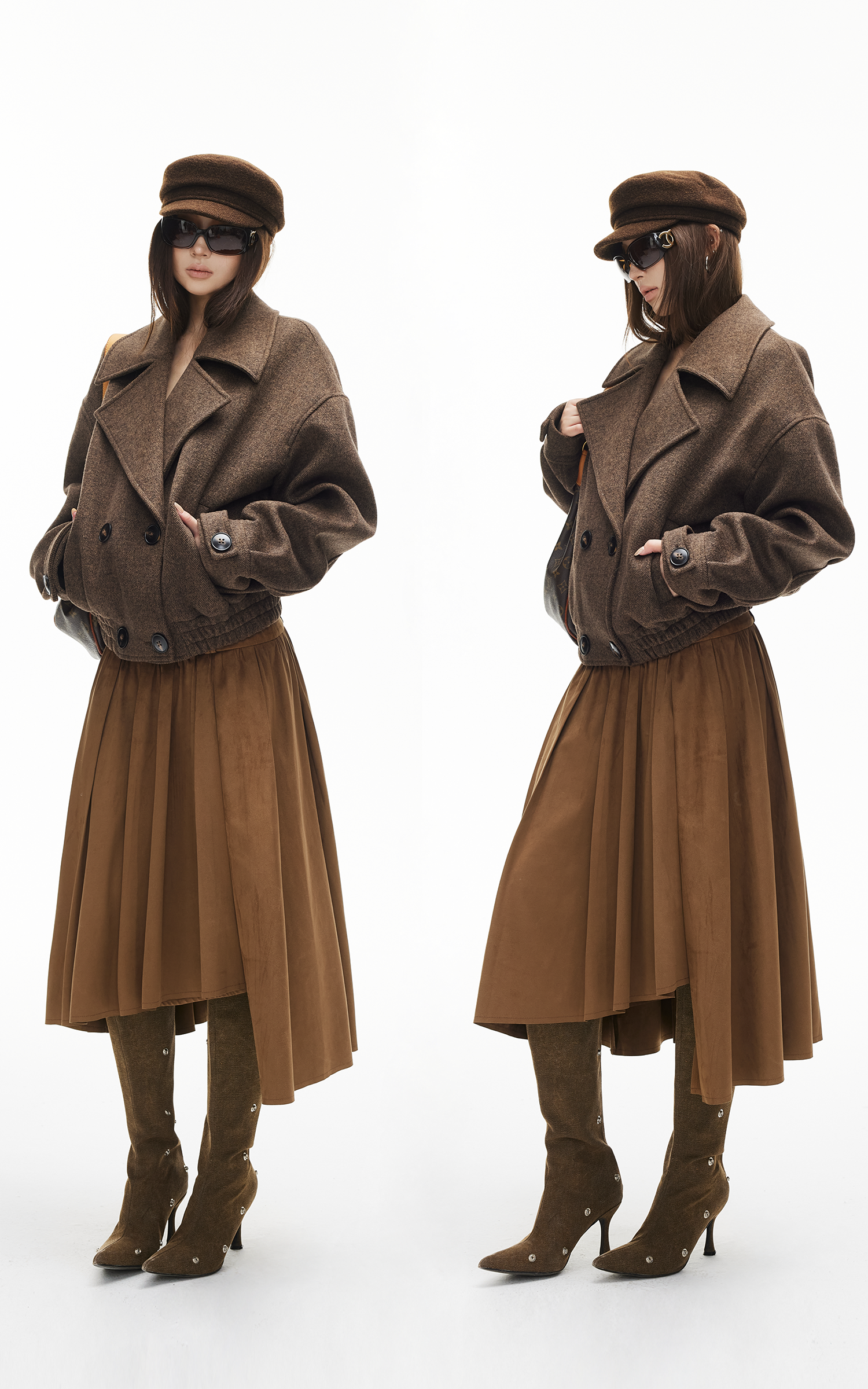 IAMXIAA Wool-Like Double-Breasted Cropped Jacket Women Short Lapel Coat
