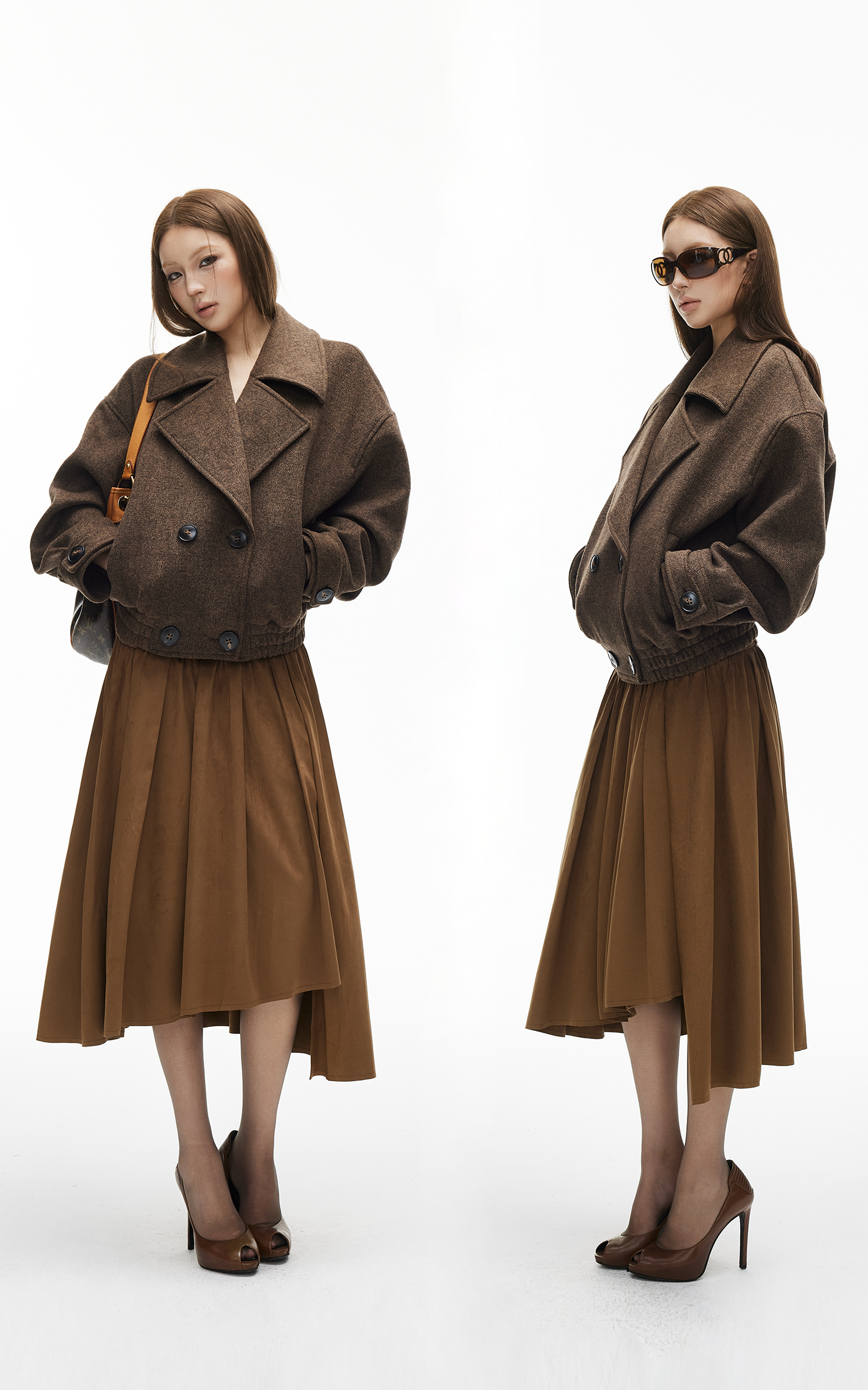 IAMXIAA Wool-Like Double-Breasted Cropped Jacket Women Short Lapel Coat