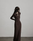 DOINDULGE Ruched Keyhole Maxi Dress in Dark Earth Tone