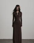 DOINDULGE Ruched Keyhole Maxi Dress in Dark Earth Tone