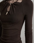 DOINDULGE Ruched Keyhole Maxi Dress in Dark Earth Tone