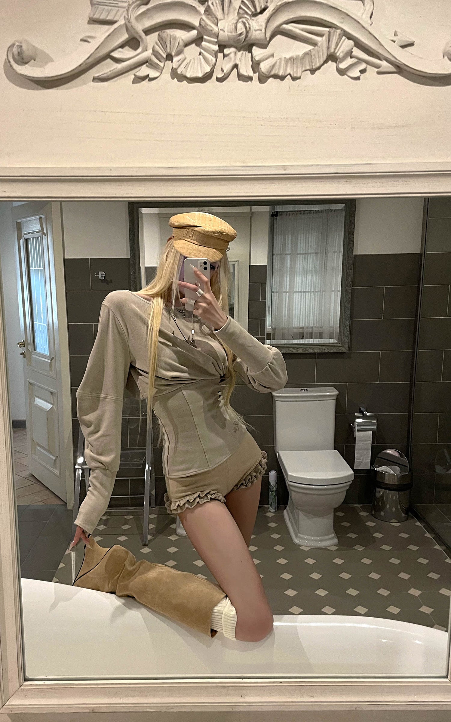 Rase le sol Draped Sculptural Knit Top with Corset Waist and Cutout Back