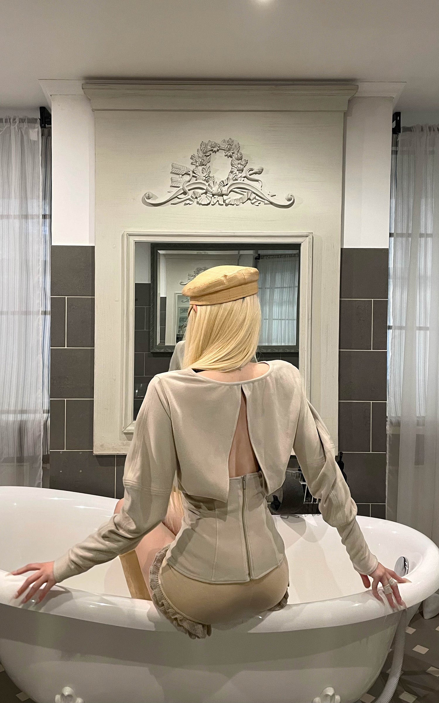 Rase le sol Draped Sculptural Knit Top with Corset Waist and Cutout Back