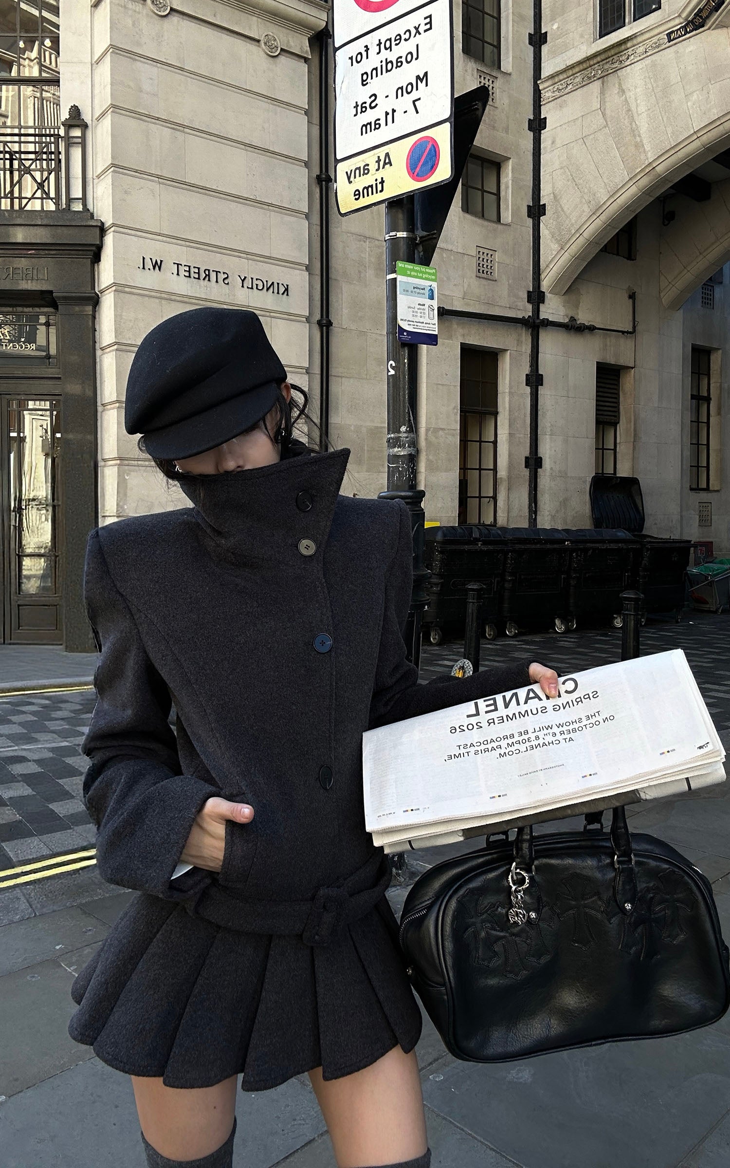 WARDEN EDGE Structured Cropped Wool Coat and Pleated Mini Skirt Set