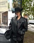 ROVENTE Faux Leather Belted Short Trench Coat