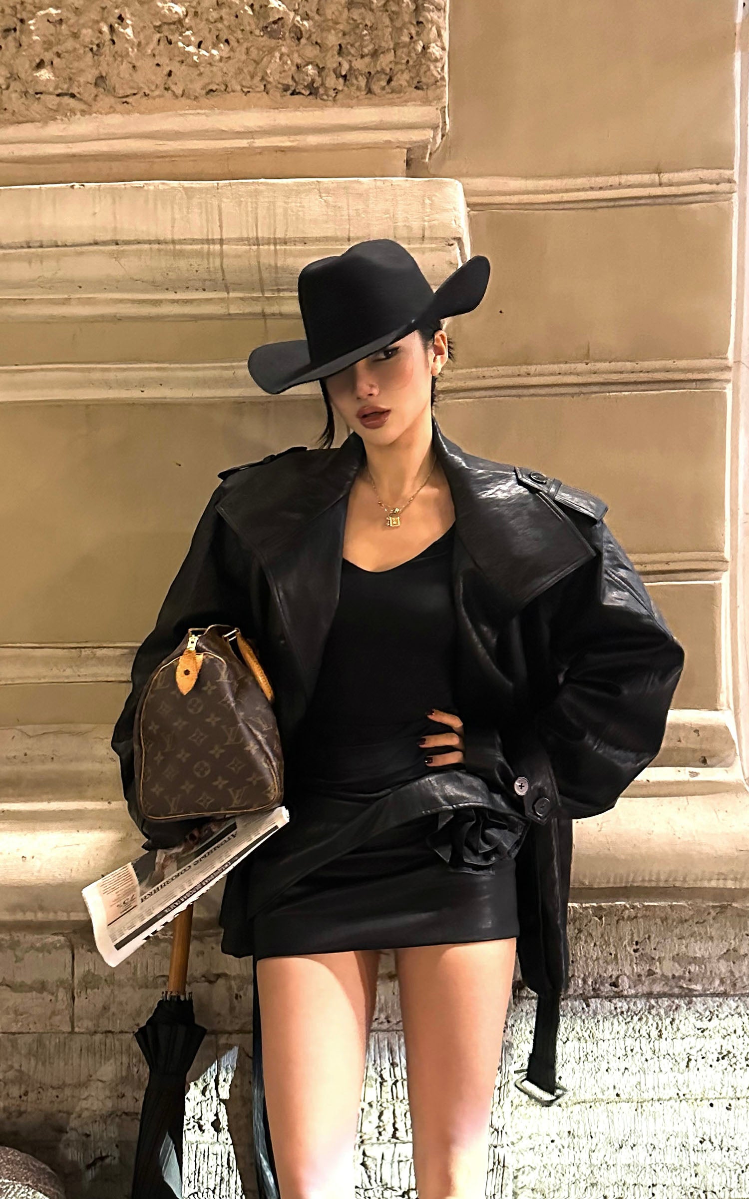 ROVENTE Faux Leather Mini Skirt with Draped Rose Detail