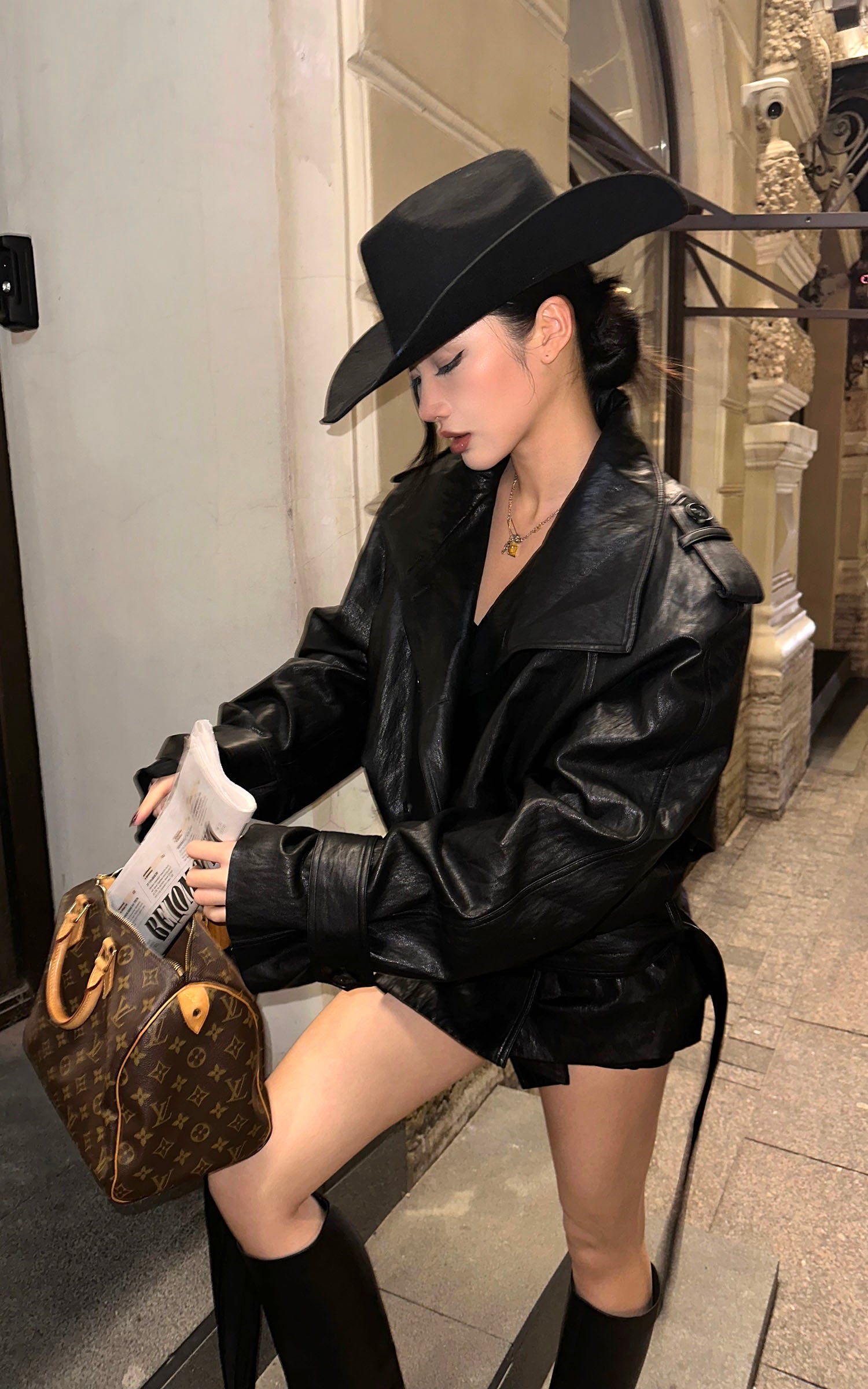 ROVENTE Faux Leather Belted Short Trench Coat