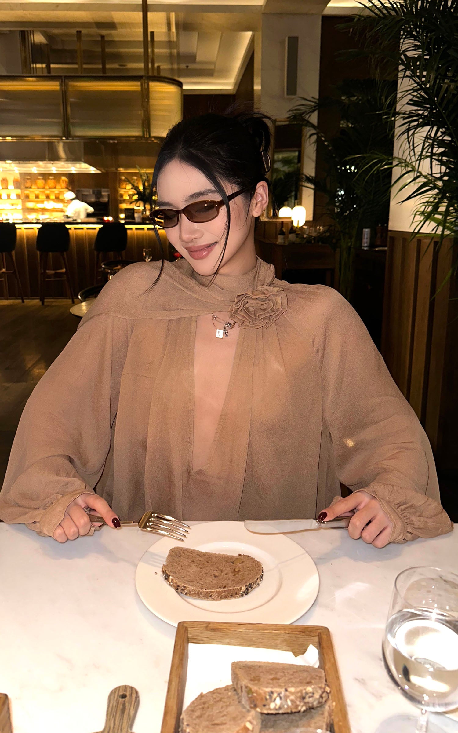 ROVENTE Draped Scarf Blouse with Flower Detail