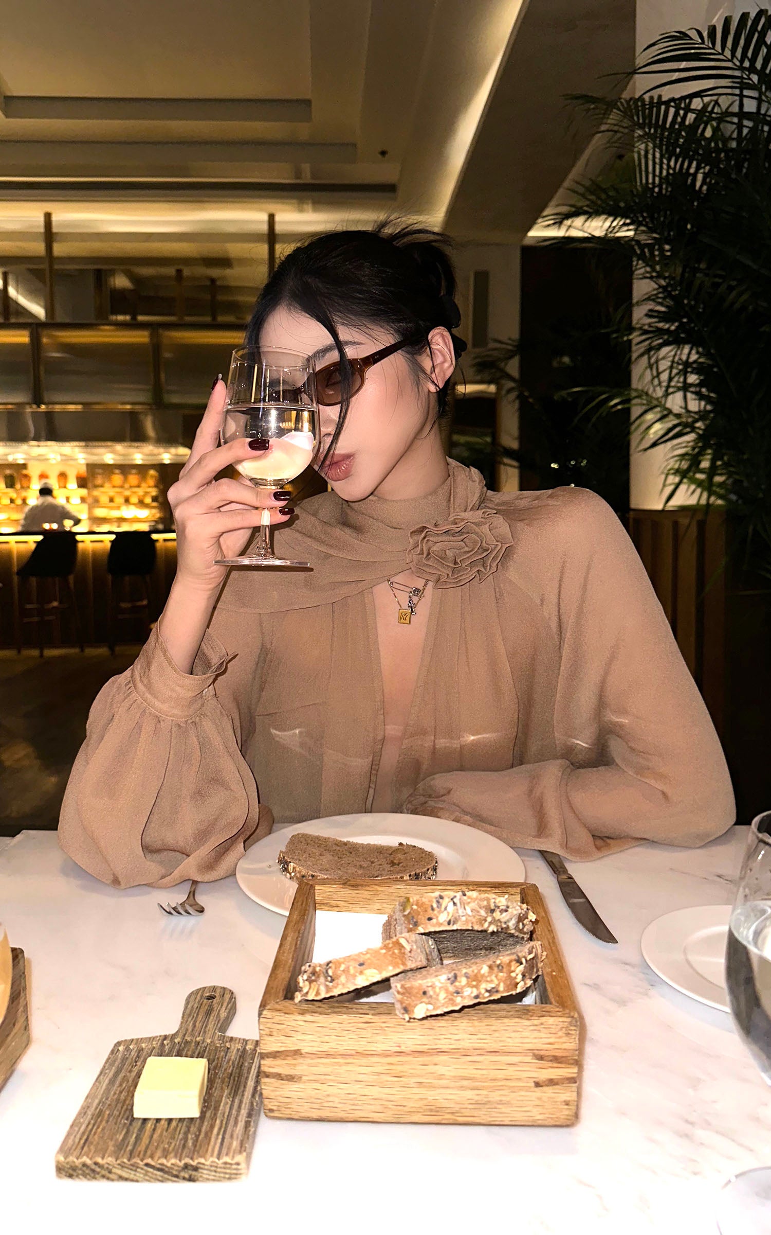 ROVENTE Draped Scarf Blouse with Flower Detail