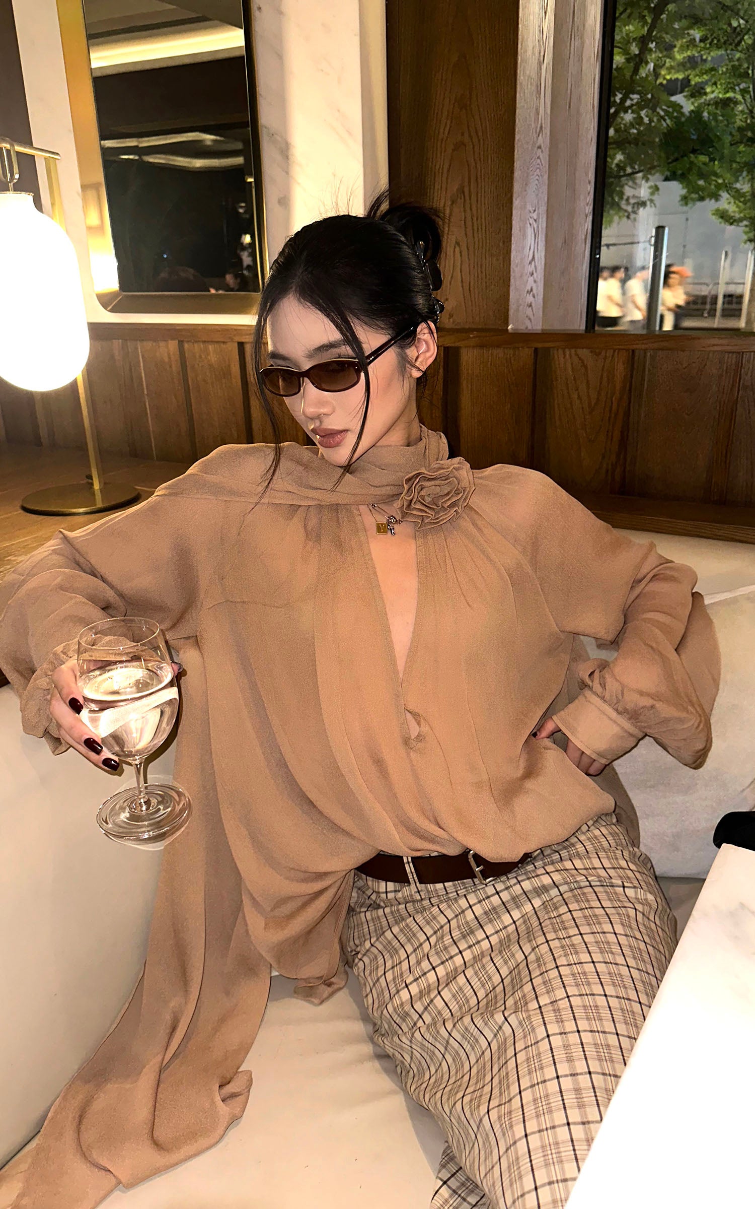 ROVENTE Draped Scarf Blouse with Flower Detail