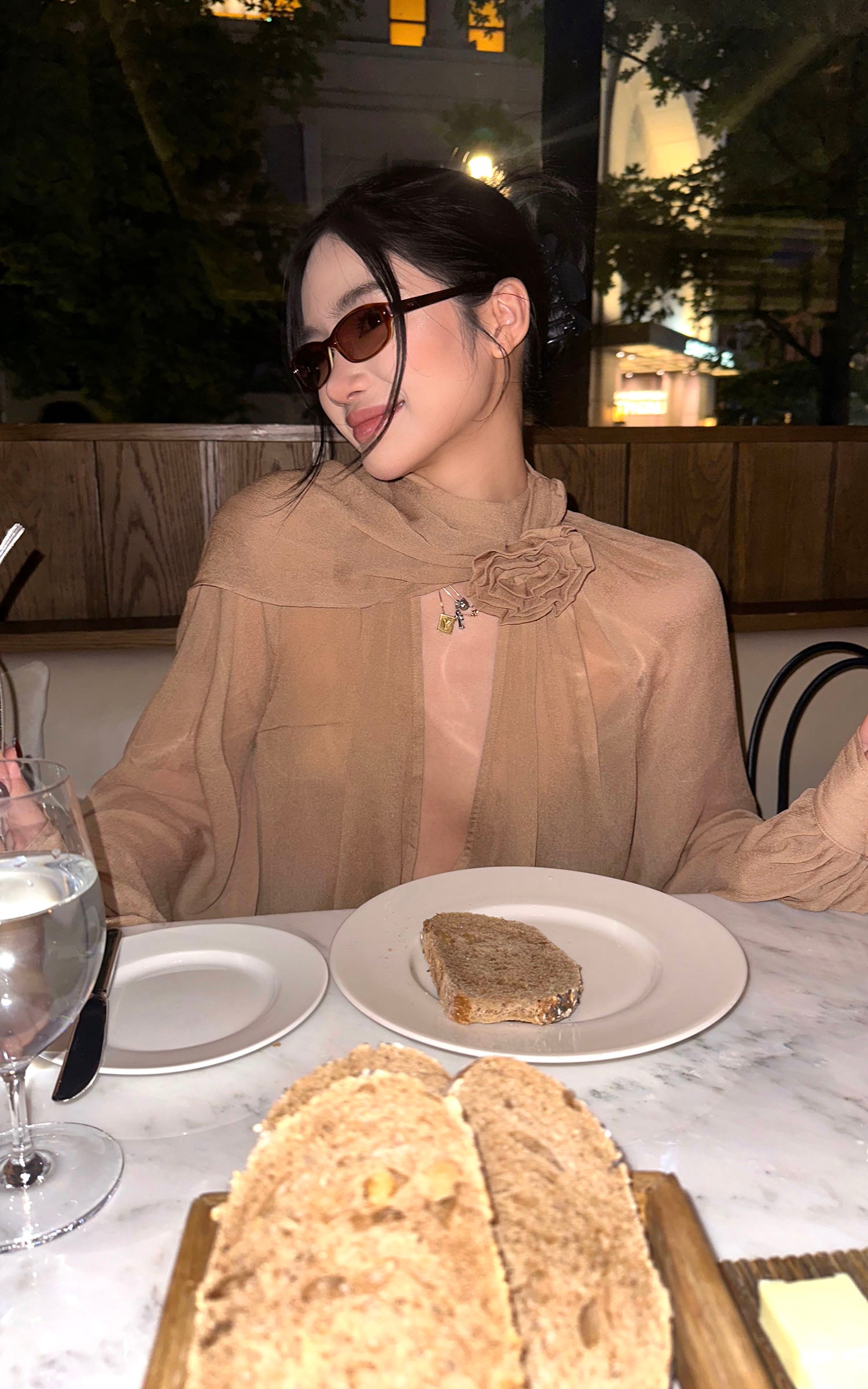 ROVENTE Draped Scarf Blouse with Flower Detail