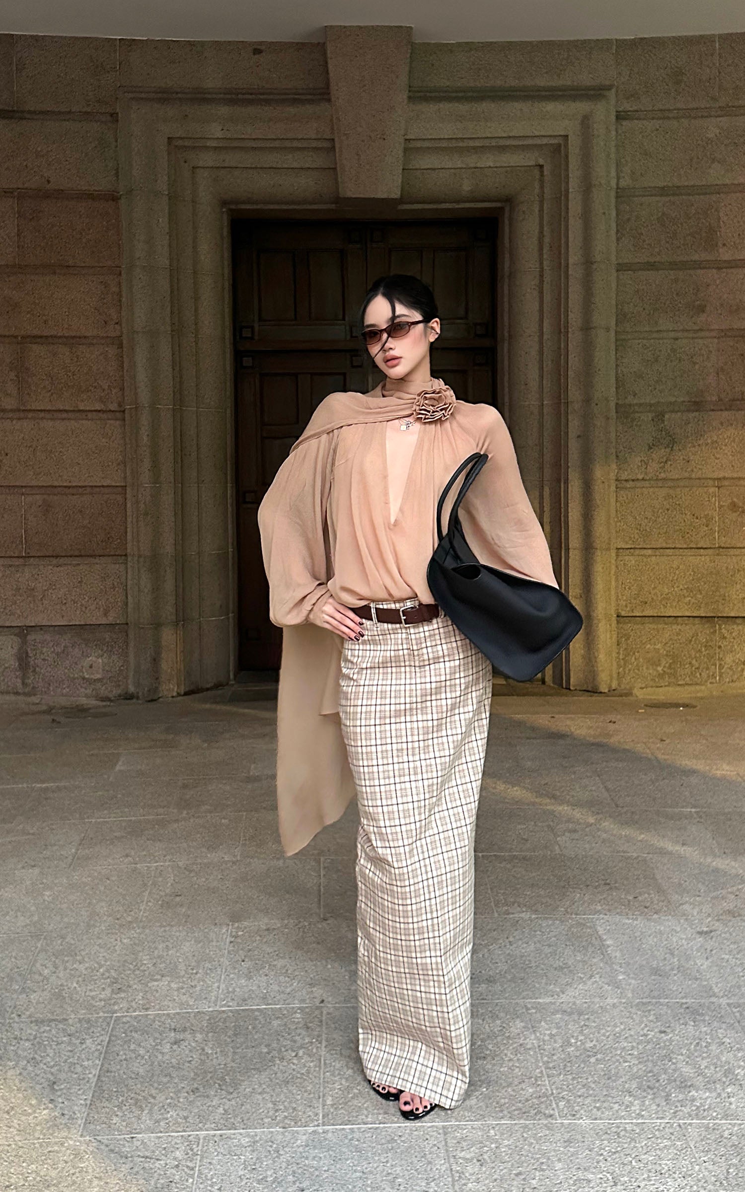 ROVENTE Draped Scarf Blouse with Flower Detail