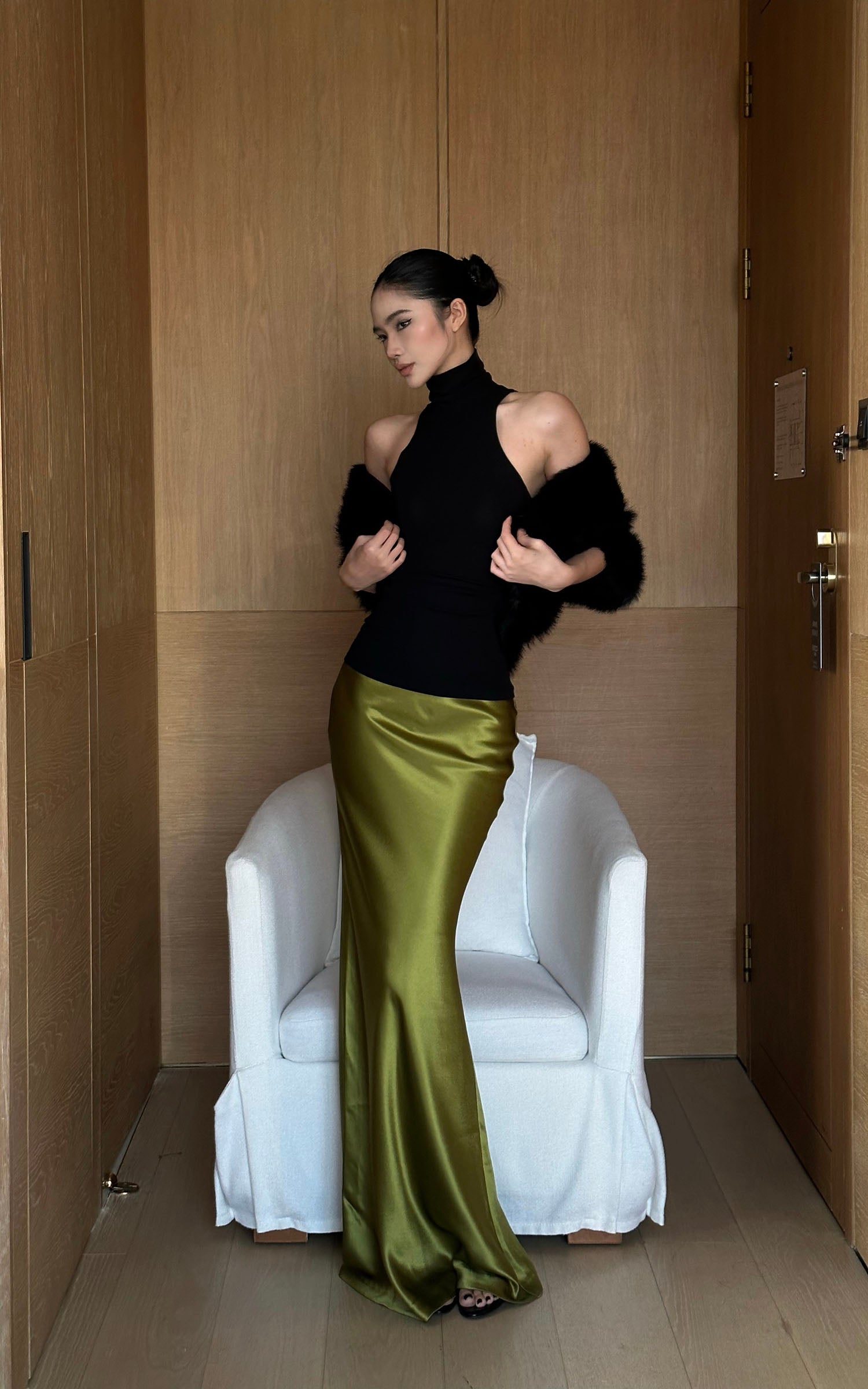 ROVENTE Draped Metallic Midi Skirt