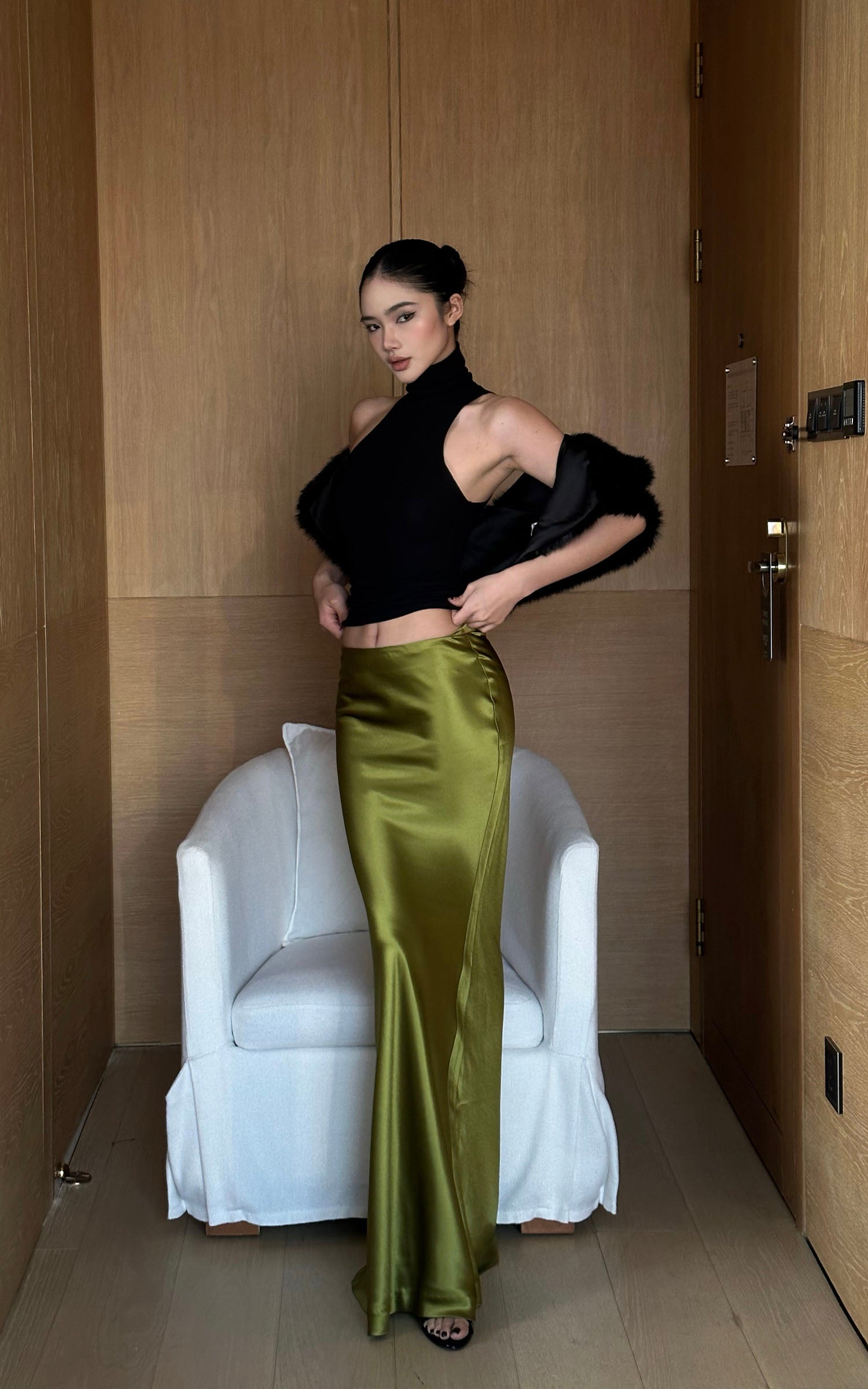 ROVENTE Draped Metallic Midi Skirt