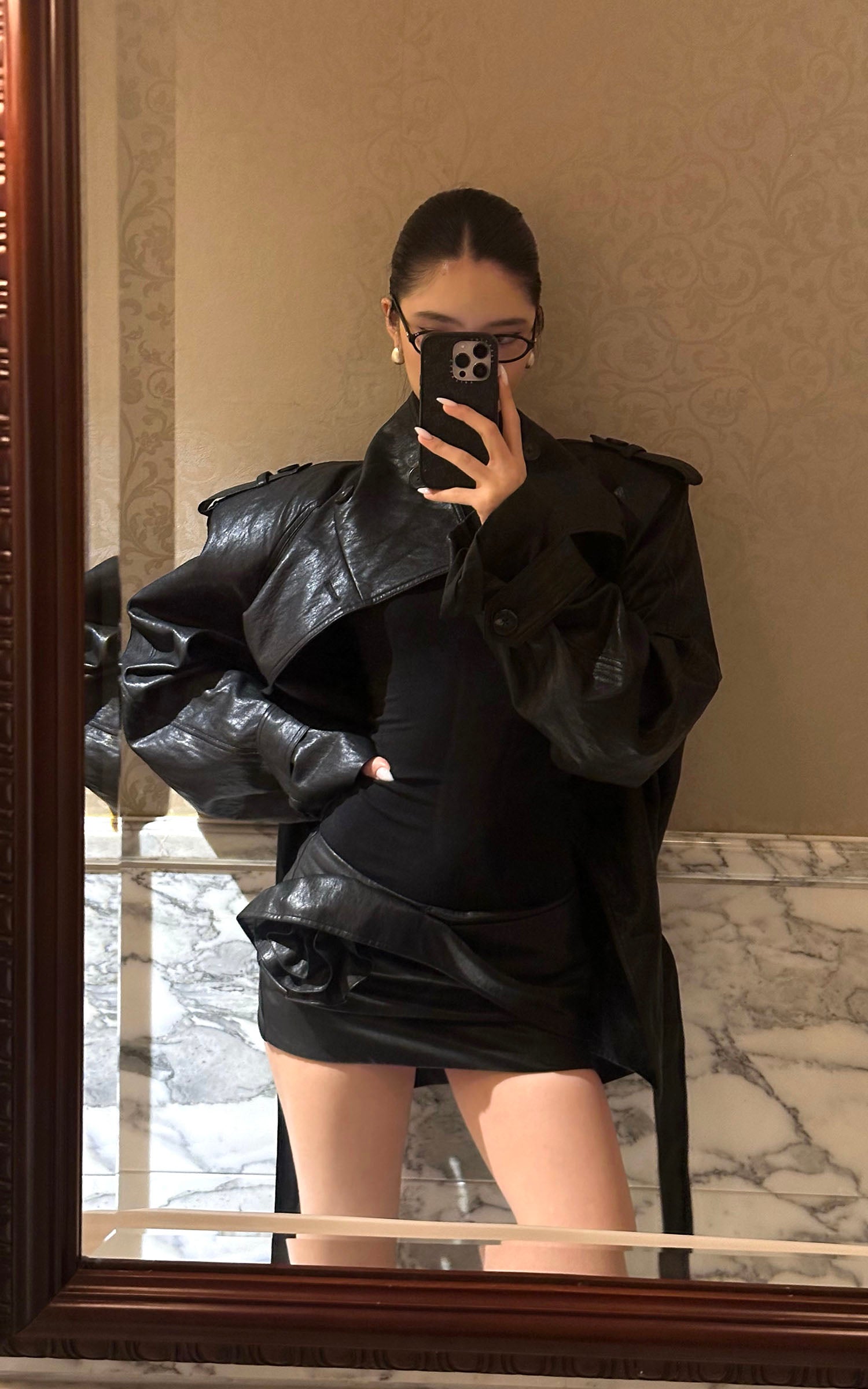 ROVENTE Faux Leather Mini Skirt with Draped Rose Detail